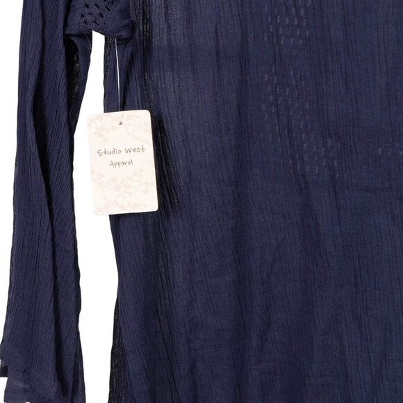 Studio West Peasant Blouse L Women NEW Blue Boho Sheer Crochet Tunic Bell Sleeve - Picture 5 of 6